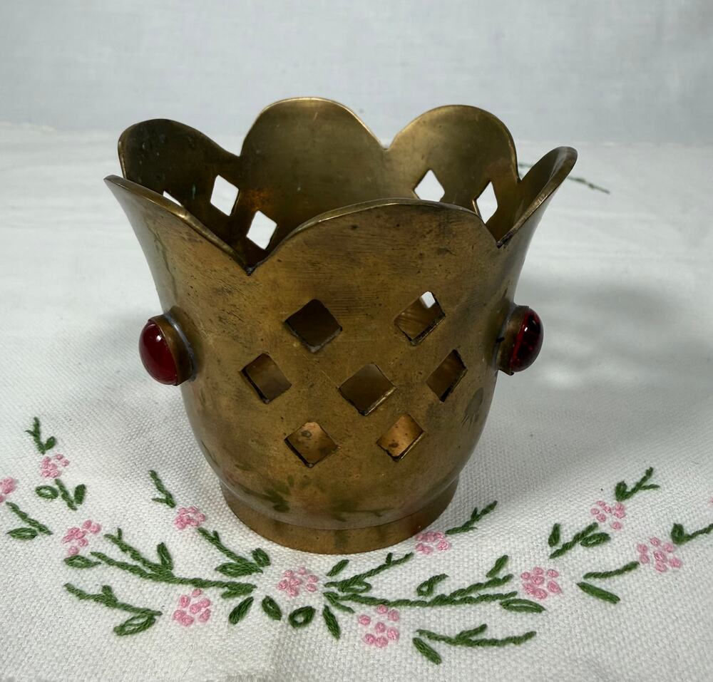 Vintage 1970s Brass Jeweled Votive Candle Holder Red Cabochon Pierced Boho Decor